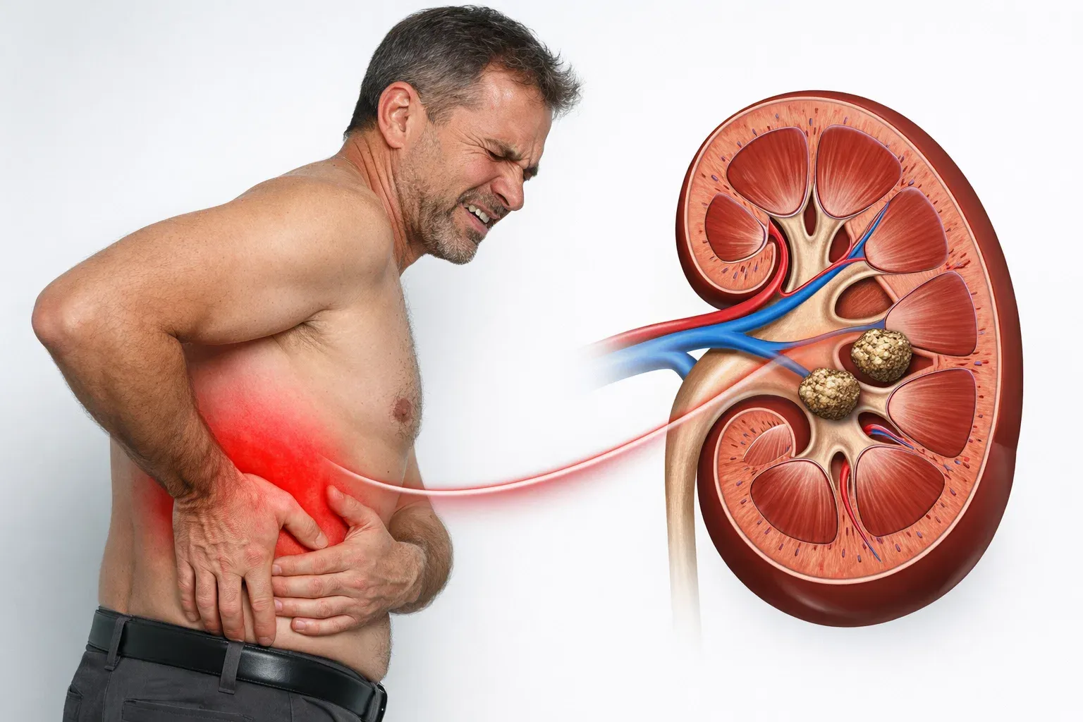 Diagram of kidney stone formation in the urinary tract