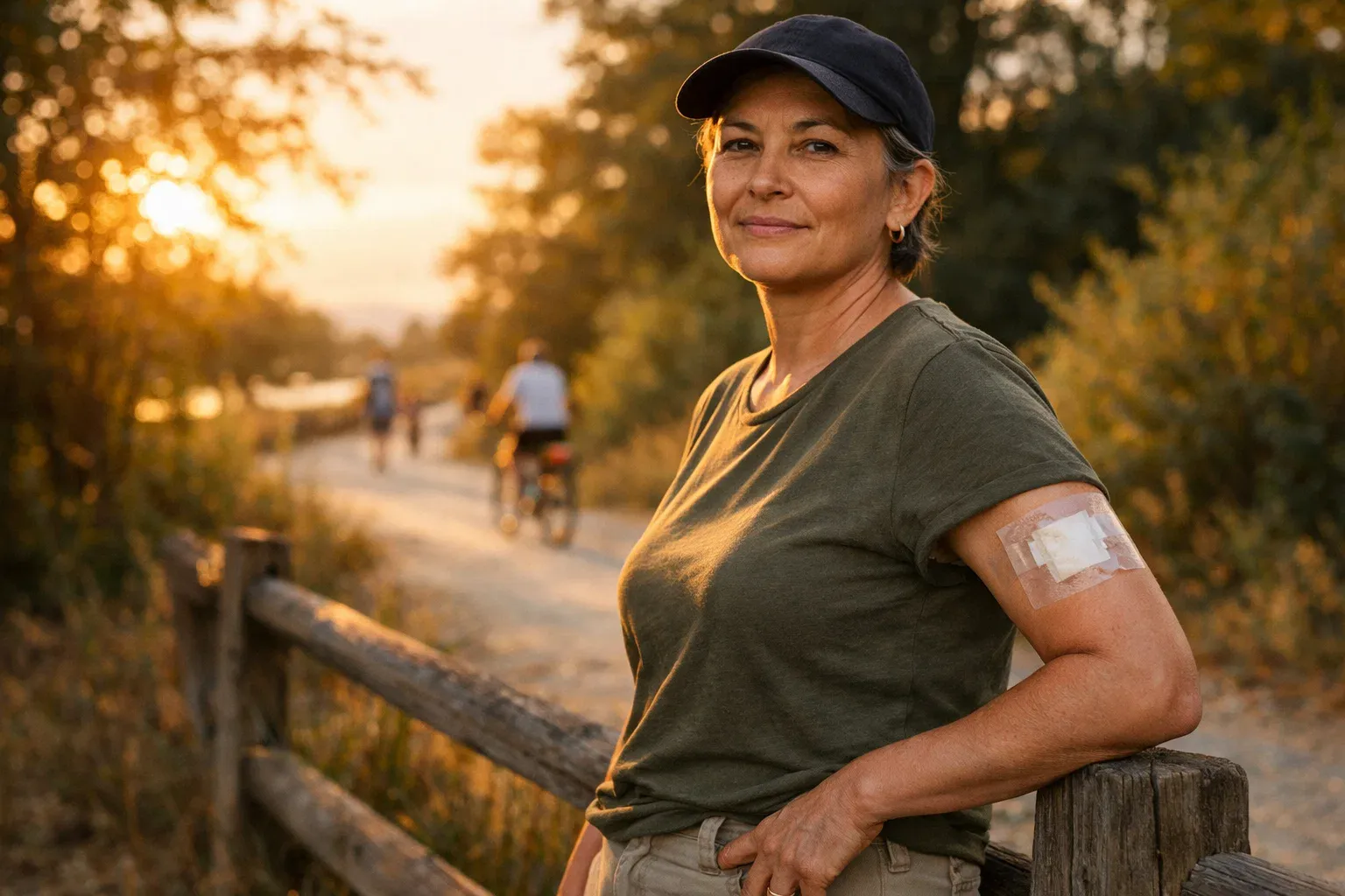 Woman outdoors with medical bandage on arm enjoying an active lifestyle