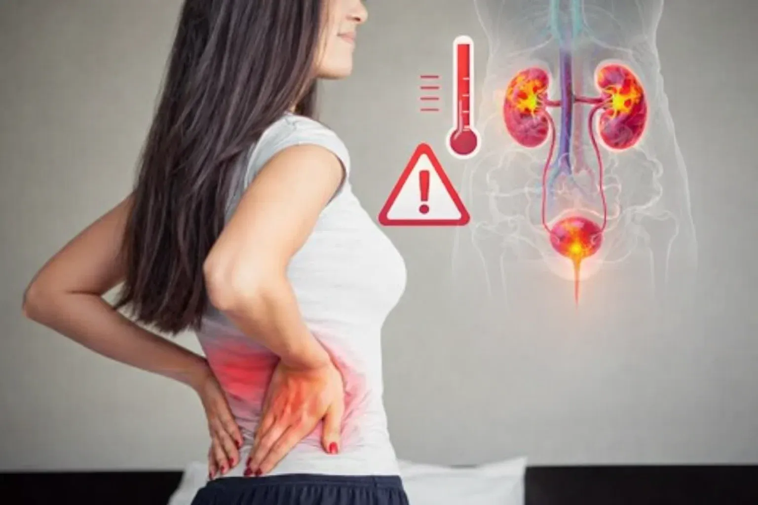 Woman holding lower back with kidney anatomy highlighting infection symptoms