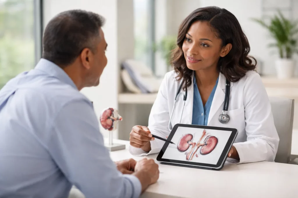 Nephrologist explaining kidney health to a patient during a consultation in a medical clinic