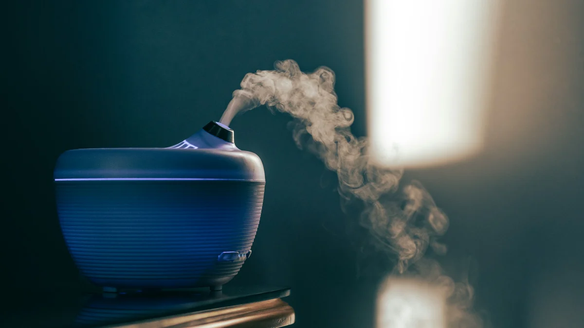 Humidifier releasing a soft mist in a room